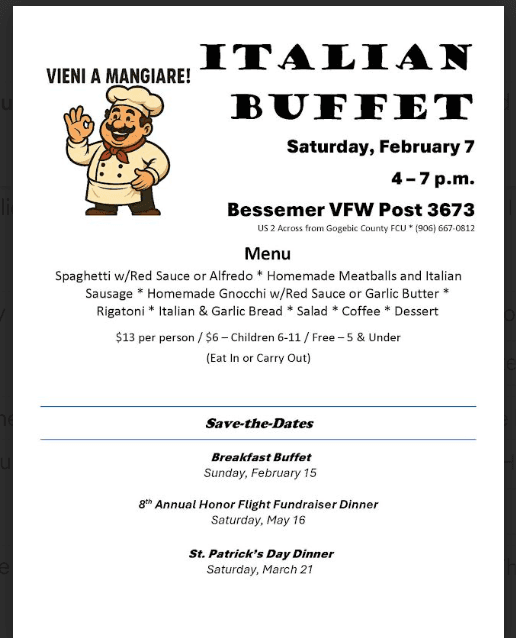 Breakfast Buffet Fundraiser at Bessmer VFW